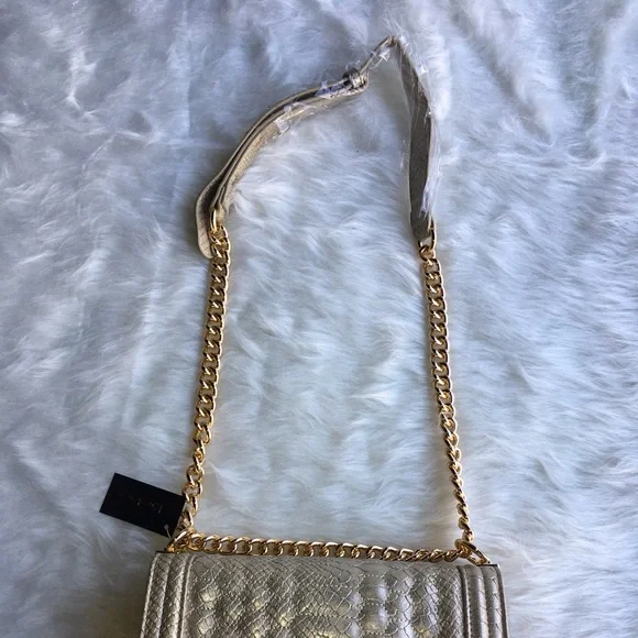 BEBE GOLD GILIAN CROSSBODY BAG FAUX LEATHER CROCODILE FINISH NWT - Picture 4 of 4